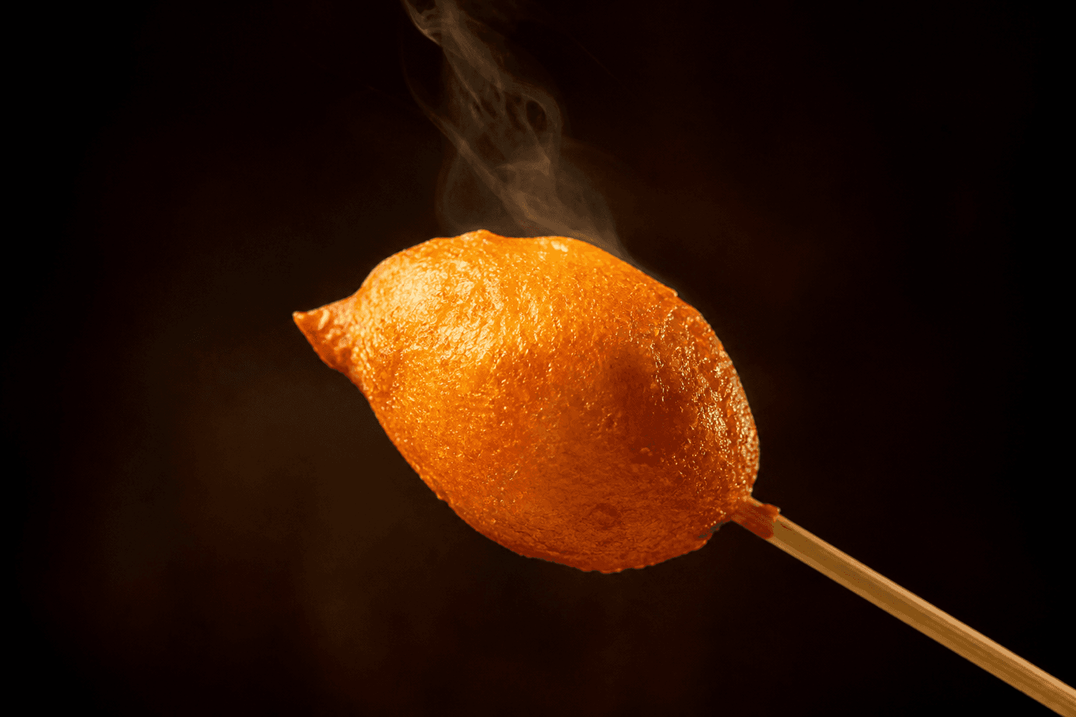 A single skewer of kwek-kwek, golden-orange crispy batter, lit against a dark background